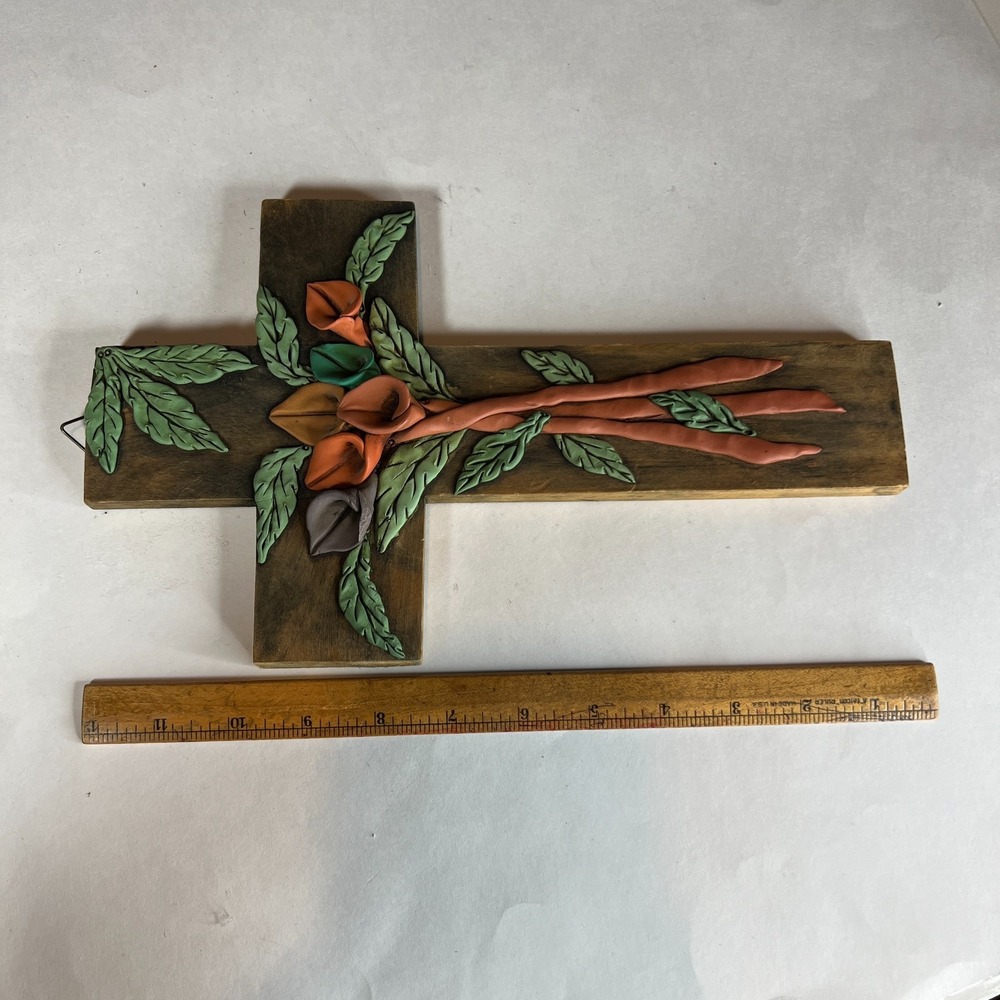 Handmade Wooden Floral Wall Cross Clay Flowers Rustic Folk Art Decor 12" x  7" - Picture 6 of 7